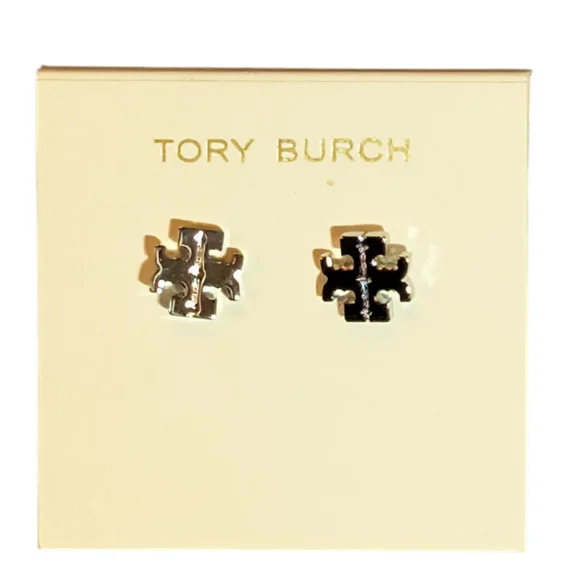 Tory Burch Metallic Logo Silver Stud Earrings - Picture 1 of 3